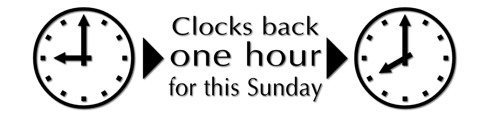 Graphic showing two clocks one hour apart. text: Clocks back one hour for this Sunday